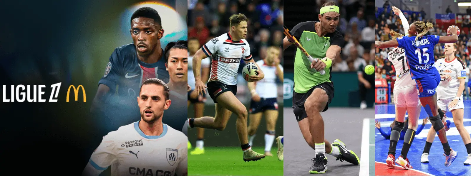 Montage de plusieurs disciplines sportives : football Ligue 1, rugby, tennis et handball féminin