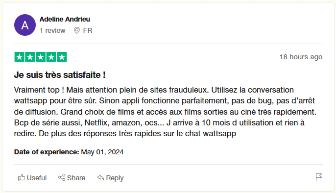 Avis client de Adeline Andrieu sur Iron TV Pro mentionnant la satisfaction totale et la fiabilité de l’application