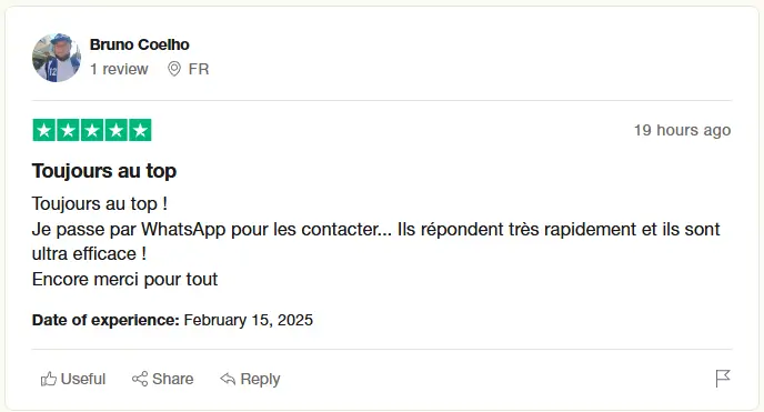 Avis client 5 étoiles de Bruno Coelho sur Trustpilot – Support WhatsApp rapide et efficace de Iron TV Pro
