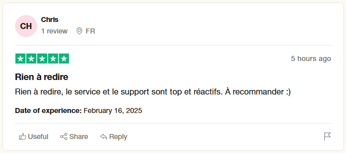 Avis client 5 étoiles de Chris sur Trustpilot – Service rapide et support réactif pour Iron TV Pro