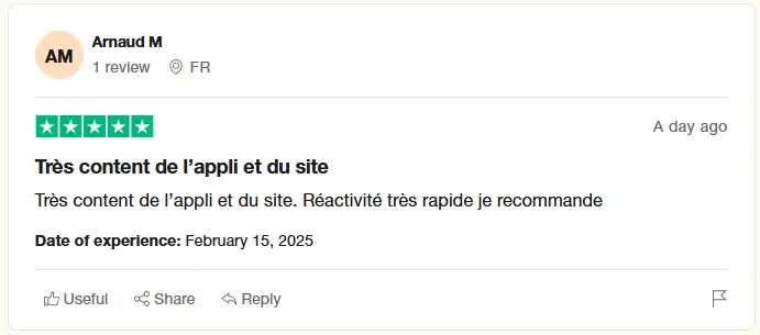 Avis client 5 étoiles de Arnaud M sur Iron TV Pro – très satisfait de l'application et du site