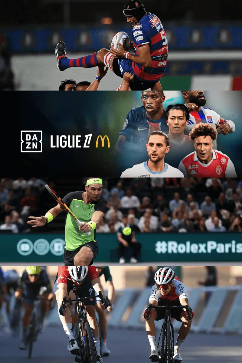 Montage de plusieurs disciplines sportives : football Ligue 1, rugby, tennis et handball féminin