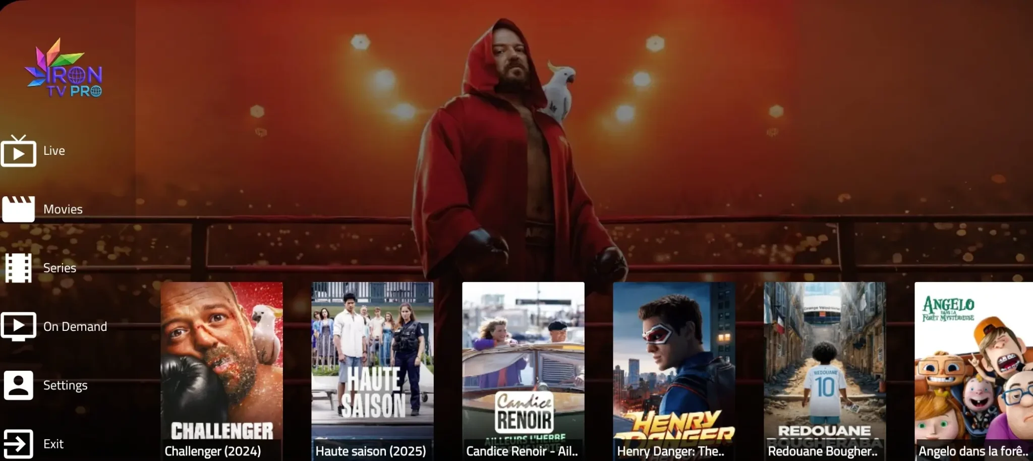 Interface Iron TV Pro avec films et séries en vedette