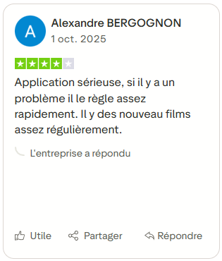 Avis client soulignant le sérieux du service et la résolution rapide des problèmes, avec des nouveautés régulières.